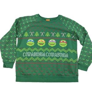 Nickelodeon TMNJ Cowabunga Christmas Sweatshirt Crewneck Pullover Green Womens L